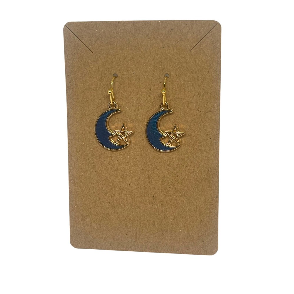 Crescent Moon Star Earrings Blue - Gold Plated Enamel Charms - Hypoallergenic